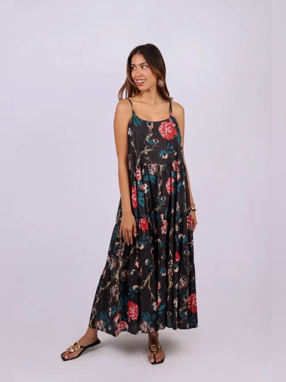 Sacred Threads Black Floral Cotton Dress with Red and Teal Blooms
